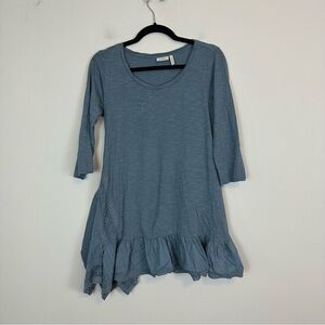 LOGO | Dusty Blue 3/4 Sleeve Ruffle Lagenlook Tunic Size XS